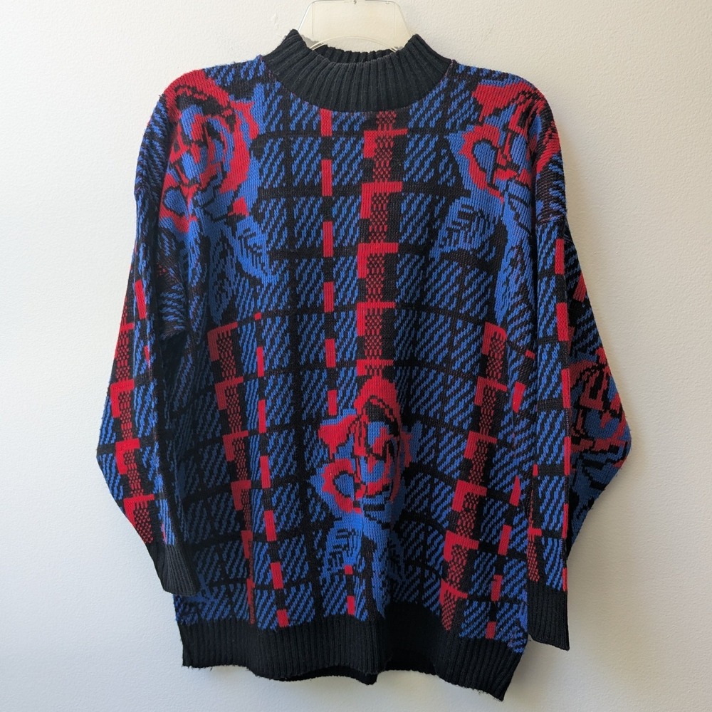 Vtg 90s Sweater Blue Red Floral Plaid Mock Neck Sz 20W Dark Academia USA Made
